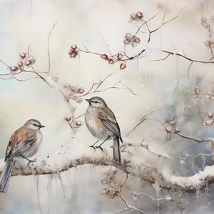 May include: Two small brown birds perched on a snow-covered branch with red berries. The background is a soft, watercolour-like wash of blue and white.