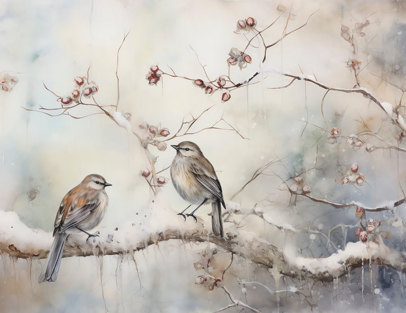 May include: Two small brown birds perched on a snow-covered branch with red berries. The background is a soft, watercolour-like wash of blue and white.