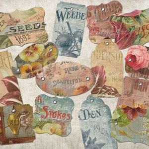 Puede incluir: Etiquetas de regalo de estilo vintage con dise&ntilde;os florales y texto. Las etiquetas est&aacute;n impresas en papel con un aspecto desgastado y tienen agujeros para cuerda o cinta. El texto en las etiquetas incluye "Seeds", "Anderson", "Rare & Beautiful", "Stokes", "& Don", "Garden & Farm Manual", y "June Le".