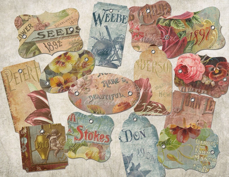 Puede incluir: Etiquetas de regalo de estilo vintage con dise&ntilde;os florales y texto. Las etiquetas est&aacute;n impresas en papel con un aspecto desgastado y tienen agujeros para cuerda o cinta. El texto en las etiquetas incluye "Seeds", "Anderson", "Rare & Beautiful", "Stokes", "& Don", "Garden & Farm Manual", y "June Le".