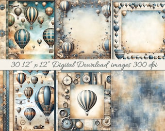 Vintage Hot Air Balloon Scrapbook Paper, Travel Theme (Digital Download)
