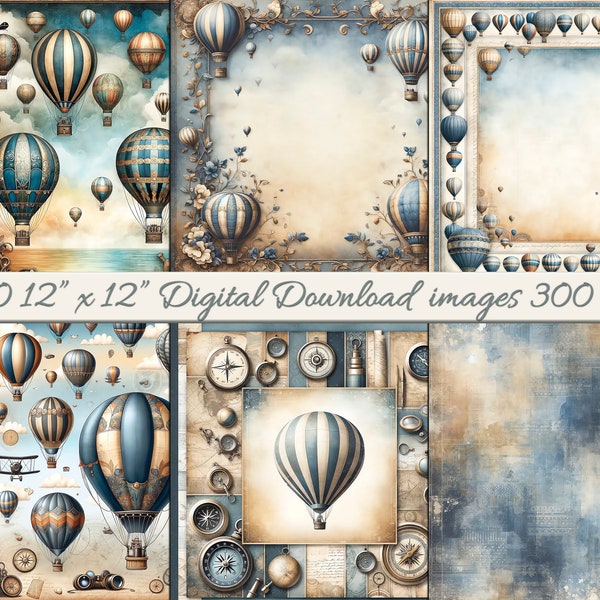 30 Vintage Travel Scrapbook Paper Designs-Hot air balloons-12x12" Digital Collection-Crafting and Journaling-Travel theme-junk journal kit