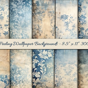 Peeling Damask Wallpaper - Grunge craft paper pack - 40 pages - Masculine design - Faded Blue paper craft-digital Junk Journal paper