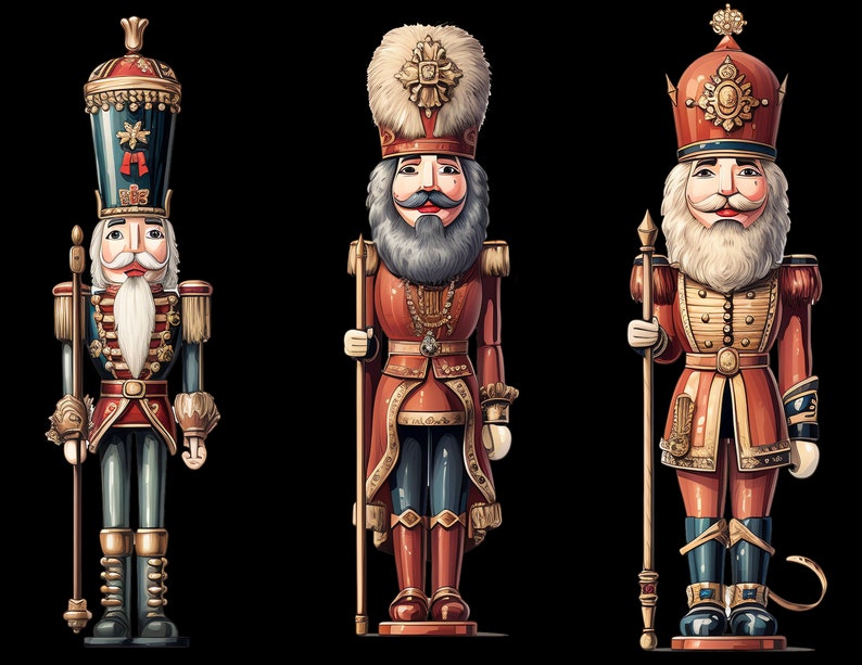 K&ouml;nnte beinhalten: Drei Nussknacker-Figuren im Vintage-Stil, jede mit einem anderen Design. Die Nussknacker sind in rot-goldenen Uniformen mit wei&szlig;em Pelzbesatz gekleidet und halten einen Stab in der rechten Hand. Die Nussknacker haben wei&szlig;e B&auml;rte und Schnurrb&auml;rte.