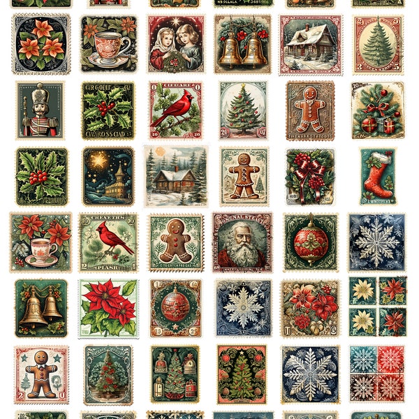 Collection de timbres de Noël et de timbres-poste éphémères et BONUS - 96 timbres - Journal Steampunk - engrenages, rouages, haut-de-forme, corsets et plus