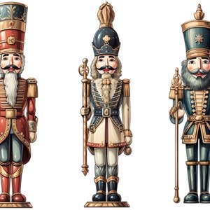 K&ouml;nnte beinhalten: Drei Nussknacker-Figuren im Vintage-Stil, jede mit einem anderen Farbschema. Die erste ist rot mit goldenen Akzenten, die zweite ist wei&szlig; mit goldenen Akzenten und die dritte ist blau mit goldenen Akzenten. Alle drei haben ein traditionelles Nussknacker-Design mit einem hohen Hut, einem Schnurrbart und einem Schwert.