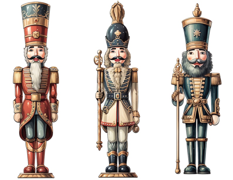K&ouml;nnte beinhalten: Drei Nussknacker-Figuren im Vintage-Stil, jede mit einem anderen Farbschema. Die erste ist rot mit goldenen Akzenten, die zweite ist wei&szlig; mit goldenen Akzenten und die dritte ist blau mit goldenen Akzenten. Alle drei haben ein traditionelles Nussknacker-Design mit einem hohen Hut, einem Schnurrbart und einem Schwert.