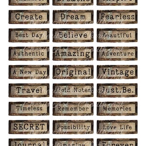 May include: A collection of rectangular, vintage-style labels with inspirational words like "Thankful," "Breathe," and "Inspire." Each label has a distressed, aged appearance with dark brown borders and light beige backgrounds. The text is in a classic serif font.
