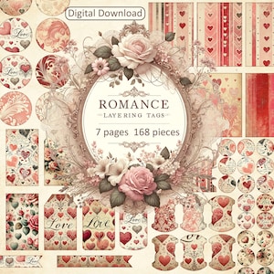 Valentine's Vintage Romance Ephemera Pack - Deluxe-Sammlung von Liebes-inspirierten Tags, Kreisen & Hintergründen zum Basteln. Überlagerung von Tags