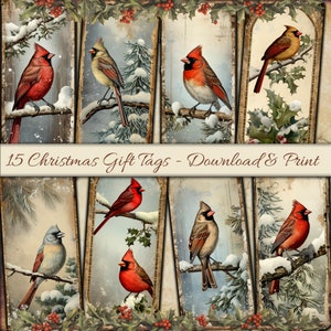 Kardinaal kerstcadeaukaartjes - kerst digitale download- afdrukbare cadeaukaartjes - besneeuwde kardinaal dagboektags - van en naar optie.