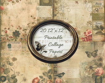 Floral Ephemera Collage Digital Paper Pack - Scrapbooking Backgrounds, Printable 12x12 Craft Papers, Antique Flower Designs-Instant Download