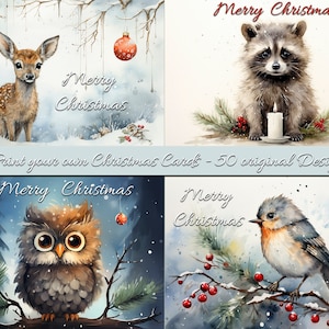 50 Printable Christmas Cards - All Original Artwork - Cute Winter Animals - Christmas Junk Journal -Printable Greeting Cards - Postcards