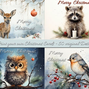 50 cartes de Noël imprimables - toutes les oeuvres d'art originales - animaux d'hiver mignons - journal indésirable de Noël - cartes de voeux imprimables - cartes postales
