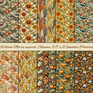 May include: Eight seamless autumn-themed patterns inspired by William Morris. The patterns feature a variety of fall colors, including red, orange, yellow, and brown. The patterns are perfect for use in crafting, scrapbooking, and other creative projects.