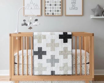 Handmade Swiss Cross Baby Quilt: Modern Nordic Design