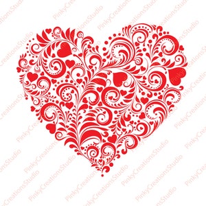 May include: A red heart-shaped design with intricate floral patterns and small hearts throughout.