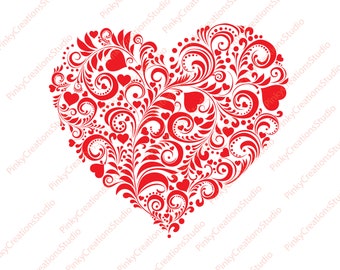 May include: A red heart-shaped design with intricate floral patterns and small hearts throughout.