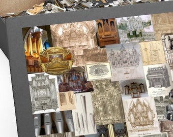 Könnte beinhalten: Ein 252-teiliges Puzzle mit einem Collage aus Bildern von Pfeifenorgeln. Die Schachtel ist schwarz mit dem Text "11x14 Puzzle 252 pcs Ages 9+" auf der Vorderseite.