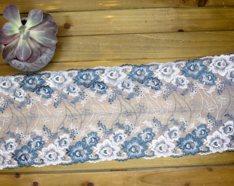 7″ Blue and White Floral Embroidery Lace Trim