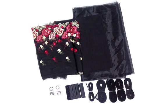 DIY Underwire Bra Kit Black and Red Floral Embroidery