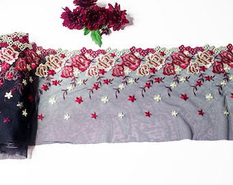 8″ Black and Red Floral Embroidery Lace Trim