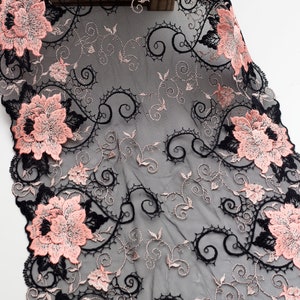 11.75&quot; Black and Pink Floral Embroidery Lace Trim