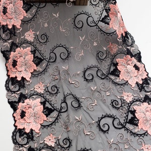 11.75" Black and Pink Floral Embroidery Lace Trim