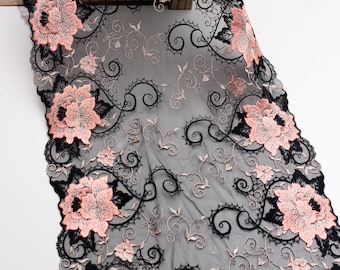 11.75" Black and Pink Floral Embroidery Lace Trim
