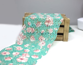 8.5" Aqua and Pink Floral Printed Stretch Lace