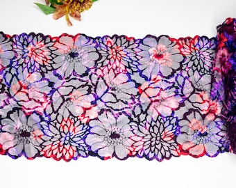 5 Yards 8.75" Purple Blue Red Printed Floral Stretch Lace