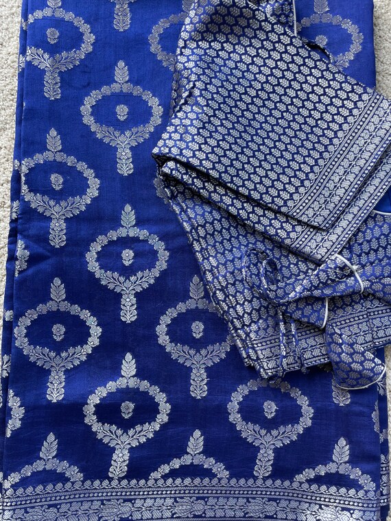 Pure Dupion Silk Navy Blue Banarasi Saree With Stitched Blouse | Etsy