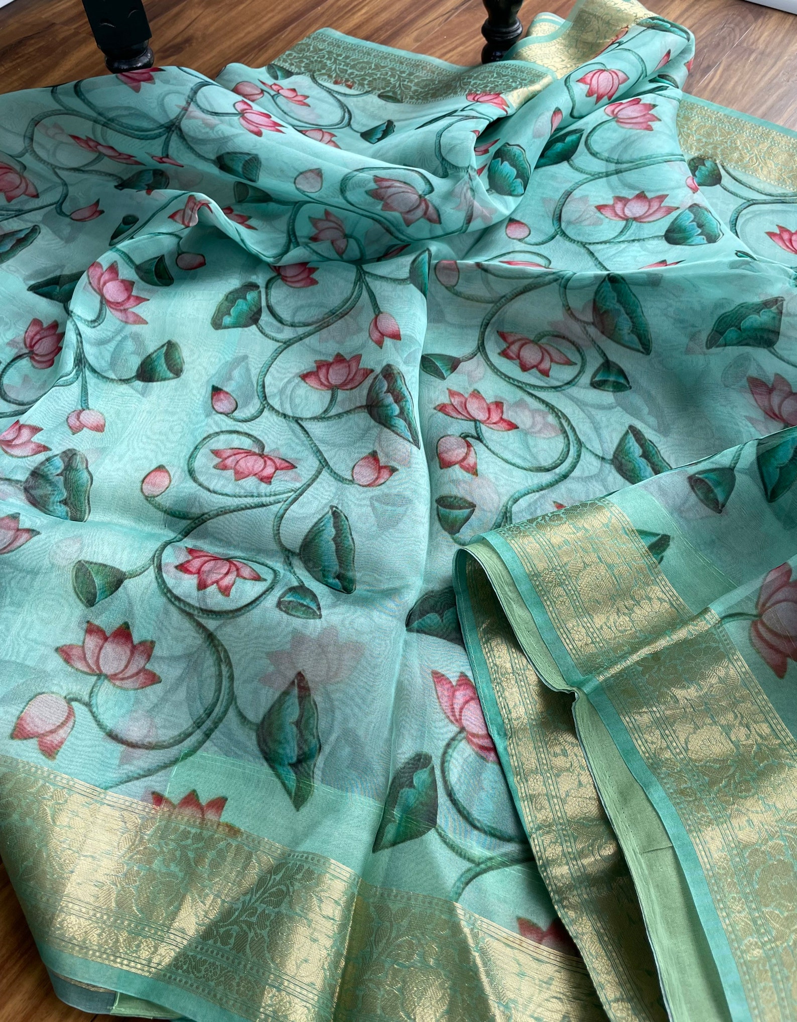 Pure Silk Organza Floral Design Saree With Woven Banarasi Zari Etsy
