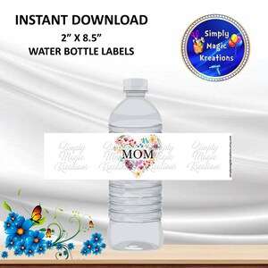 MOM Floral Heart White | Water Bottle Labels | Instant Download | Digital File Only