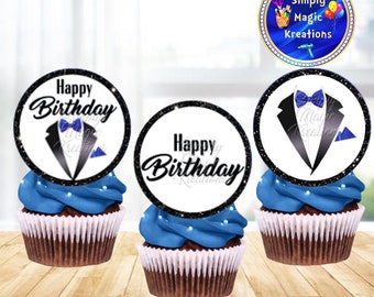 Happy Birthday Men's Tuxedo | Bow Tie Blue & Black Glitter | Cupcake Toppers | Favor Tags | Stickers - Digital File Only