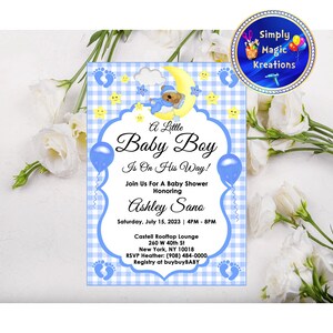 Sleeping Teddy Bear on Moon | Baby Shower Invitation | Baby Boy Blue | Customized Printable Invitation | Digital File Only