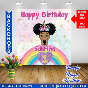 Fille licorne | Fille afro | Fille coucou | Toile de fond anniversaire - fichier numérique uniquement