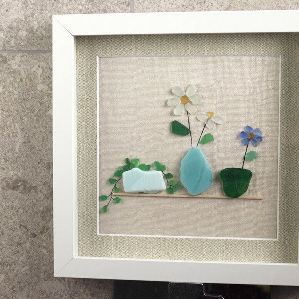 Seaglass Framed Art: Single Shelf with Milk Glass Vases