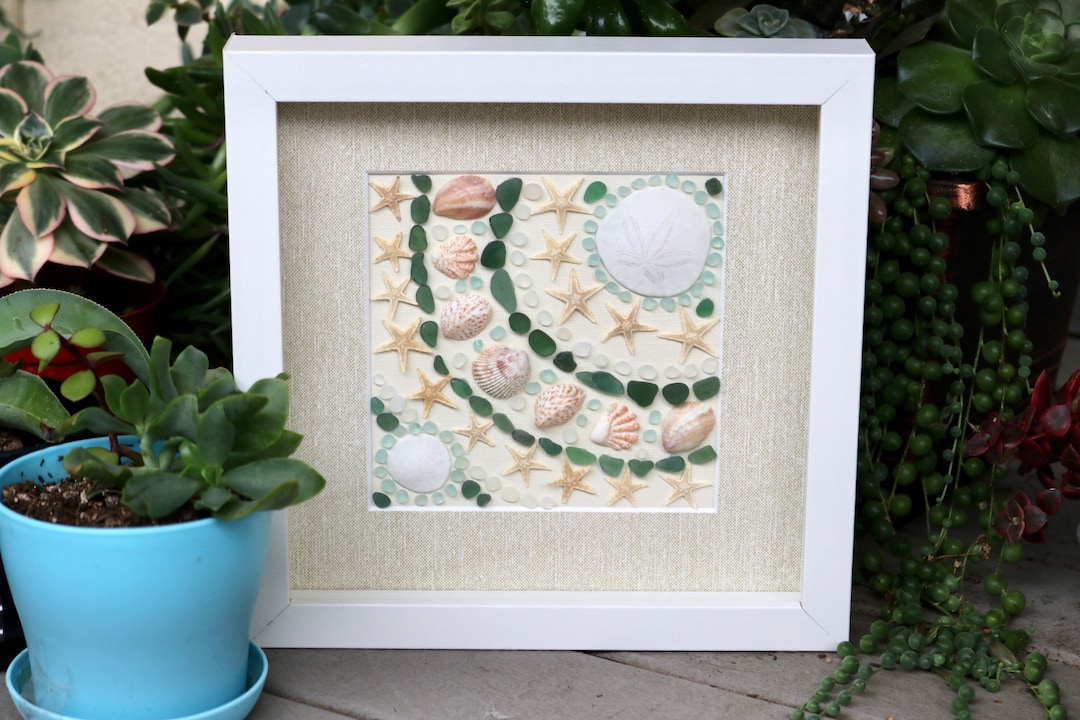 Seaglass Framed Art: Beach Mosaic With Starfish and Seashells - Etsy