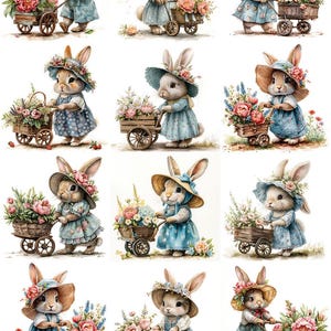 Calambour, Spring Bunnies Girls Pushing Flower Cart, Size A3,Rice Paper,Decoupage,Decor, Mixed Media, Junk Journals,Flowers,Floral,Easter