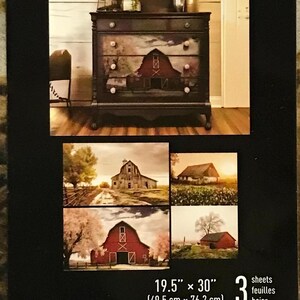 May include: A pack of three 19.5" x 30" (49.5 cm x 76.2 cm) sheets of decoupage tissue paper featuring a rustic barn scene with a haystack theme. The paper is designed for use in decoupage projects and is made by Prima Marketing Inc. The pack includes a QR code that links to the company's website.