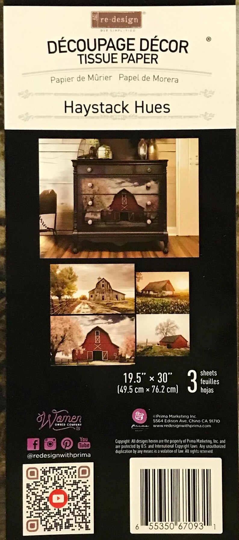 May include: A pack of three 19.5" x 30" (49.5 cm x 76.2 cm) sheets of decoupage tissue paper featuring a rustic barn scene with a haystack theme. The paper is designed for use in decoupage projects and is made by Prima Marketing Inc. The pack includes a QR code that links to the company's website.
