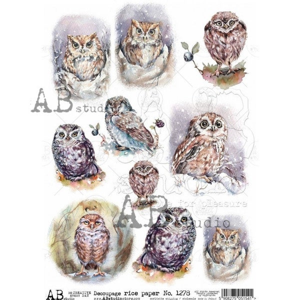 Watercolor Winter Owls, Size A4, 9 Pack, AB Studio, Decoupage, Furniture, Mixed Media, Junk Journals, Scrapbooking, Ornaments,
