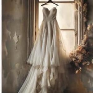 May include: A white wedding dress with a sweetheart neckline and a flowing skirt hangs on a hanger in front of a window. The dress has a layered skirt with ruffles and a long train.
