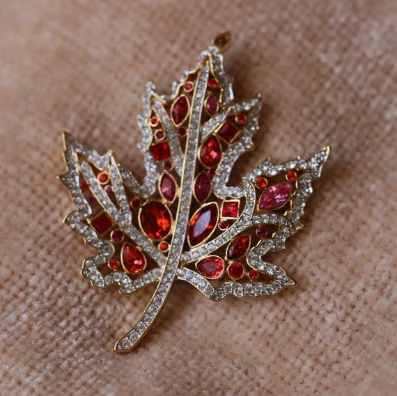 Nolan Miller Autumn Leaf Crystal Brooch - image 3