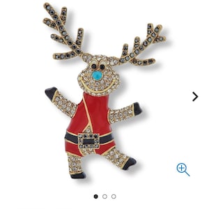 May include: A gold-tone reindeer pin with red enamel, black enamel, and clear and turquoise crystals. The reindeer is wearing a red and black Santa suit and has a smiling face. The pin is available for purchase on HSN.
