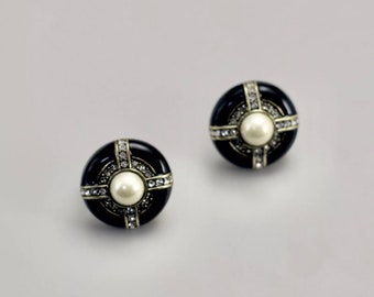 Heidi Daus Black Enamel Faux Pearl & Crystal Deco Earrings