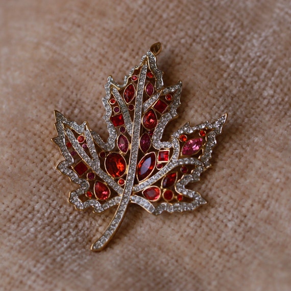 Nolan Miller Autumn Leaf Crystal Brooch - image 5