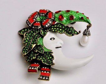 Heidi Daus 3-Dimenial Magical Christmas Moon Fab Crystal Brooch