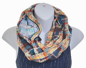 Plaid Flannel Infinity Scarf with Hidden Zipper Pocket