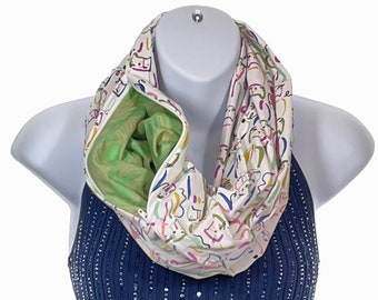 Cat Doodle Infinity Scarf with Hidden Zipper Pocket - Lightweight Cotton